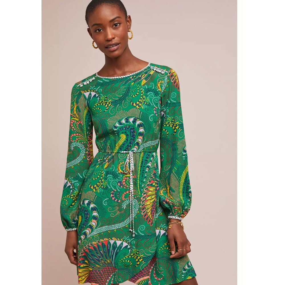 Maeve Anthropologie Janis Peacock Dress Green Paisley Tulip Hem Tie Waist 12